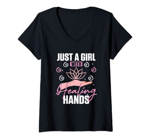 Damen Mädchen mit heilenden Händen Reiki T-Shirt mit V-Ausschnitt von Reiki Merch
