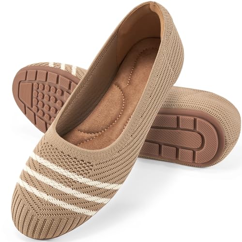 Reimferce Flache Ballerinas für Damen: bequeme gestrickte elegante Arbeits-Flats – flache Freizeitschuhe für Damen, Beige gestreift, 41 EU von Reimferce