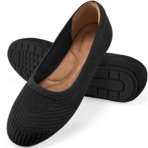 Reimferce Flache Ballerinas für Damen: bequeme gestrickte elegante Arbeits-Flats – flache Freizeitschuhe für Damen, Schwarz, 40 EU von Reimferce