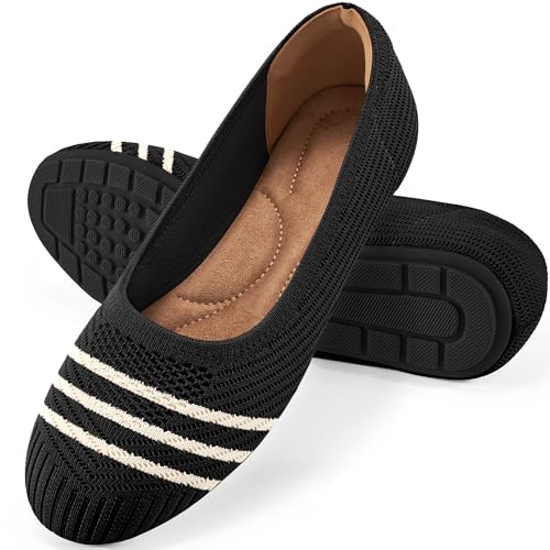 Reimferce Flache Ballerinas für Damen: bequeme gestrickte elegante Arbeits-Flats – flache Freizeitschuhe für Damen, Schwarzer Streifen, 41 EU von Reimferce