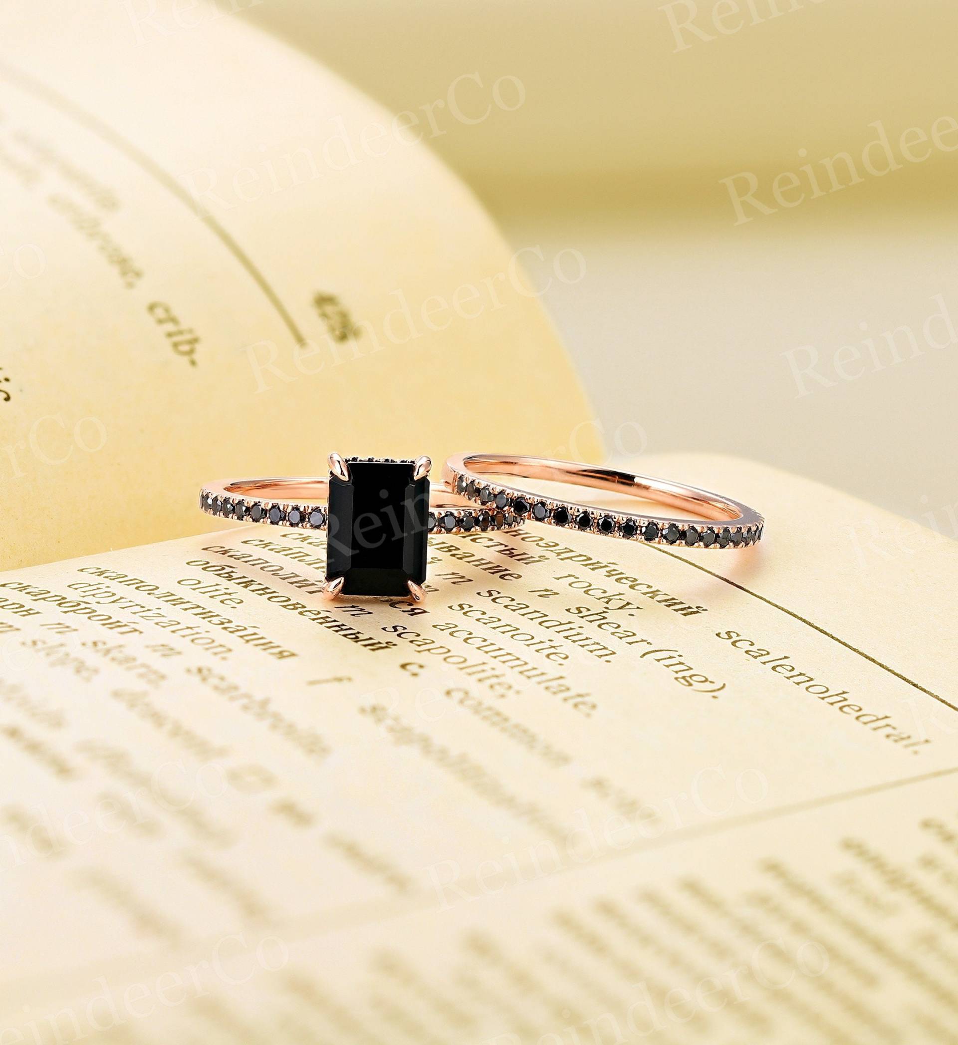 Achteckschliff Schwarzer Onyx Verlobungsring|Vintage Runder Diamant Brautset|Art-Deco-Roségold-Jubiläumsring|Unikatversprechensring von ReindeerHub