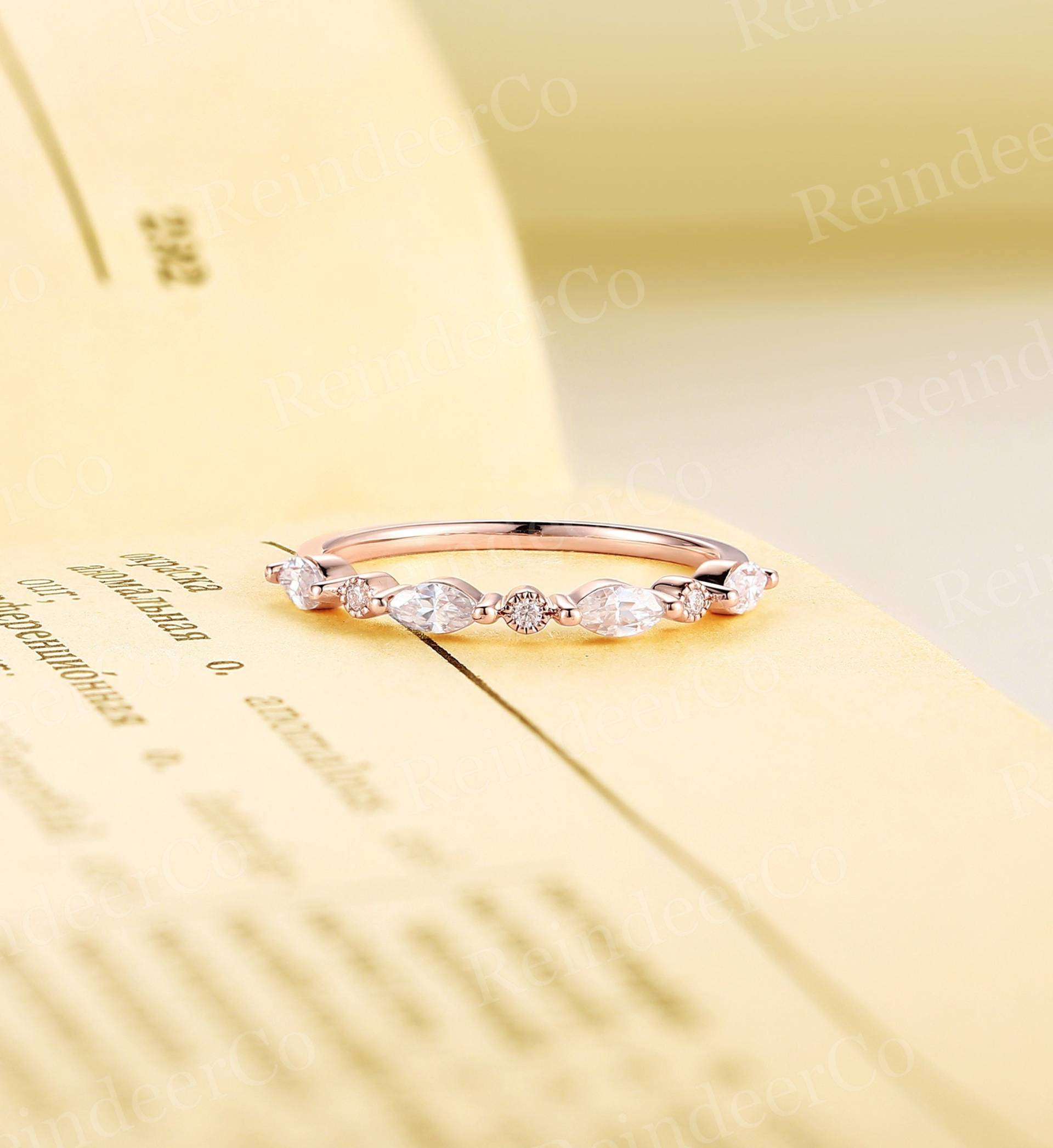 Marquise Schliff Ehering|Vintage Diamant/Moissanite Versprechen Ring|Art Deco Roségold Stapelring|Unique Matching Ring|Milgrain Ring von ReindeerHub