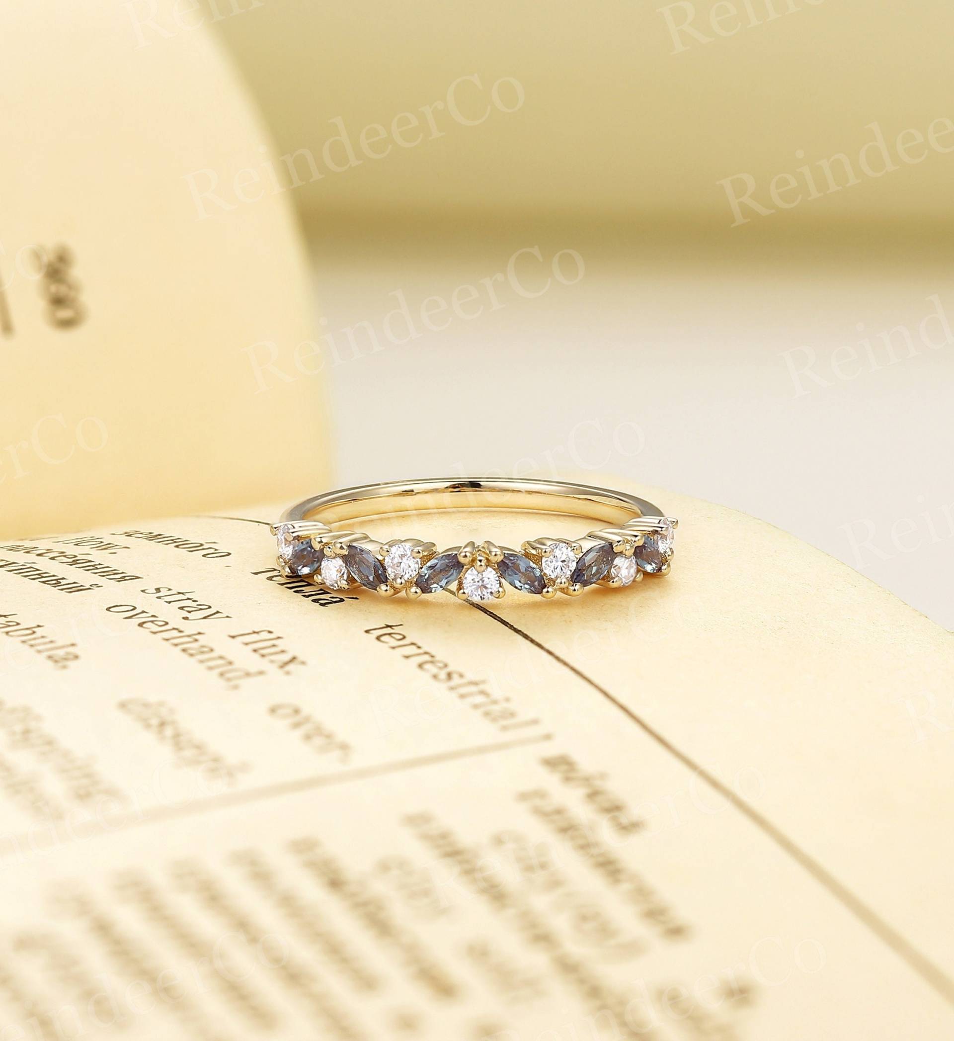 Marquise Schliff Lab Alexandrit Ehering|Vintage Gelbgold Moissanite/Diamant Cluster Jahrestag Ring|stapelring Versprechen Braut Band von ReindeerHub