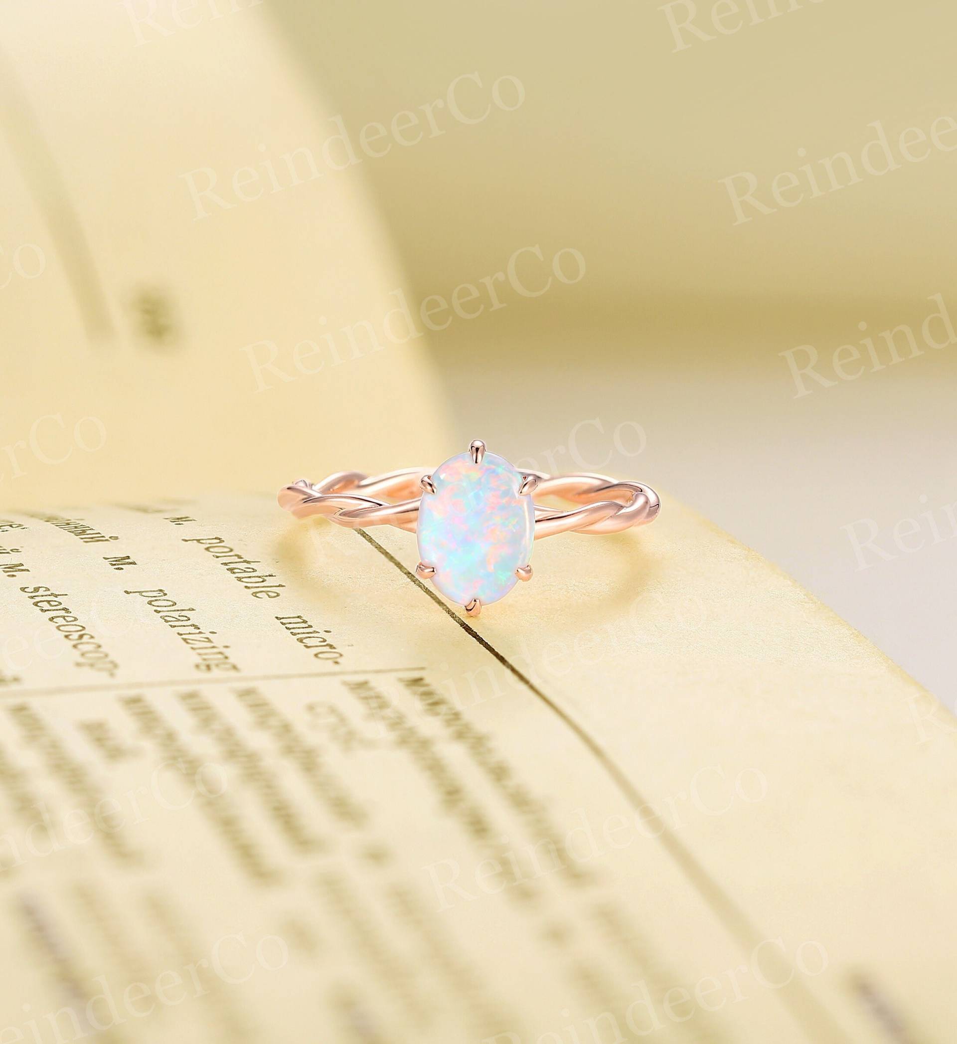 Ovalschliff Natürlicher Opal Verlobungsring|Art Deco Verdrehter Roségold Verlobungsring|Solitär Krappen Set Jubiläumsring|Antiker Brautring von ReindeerHub