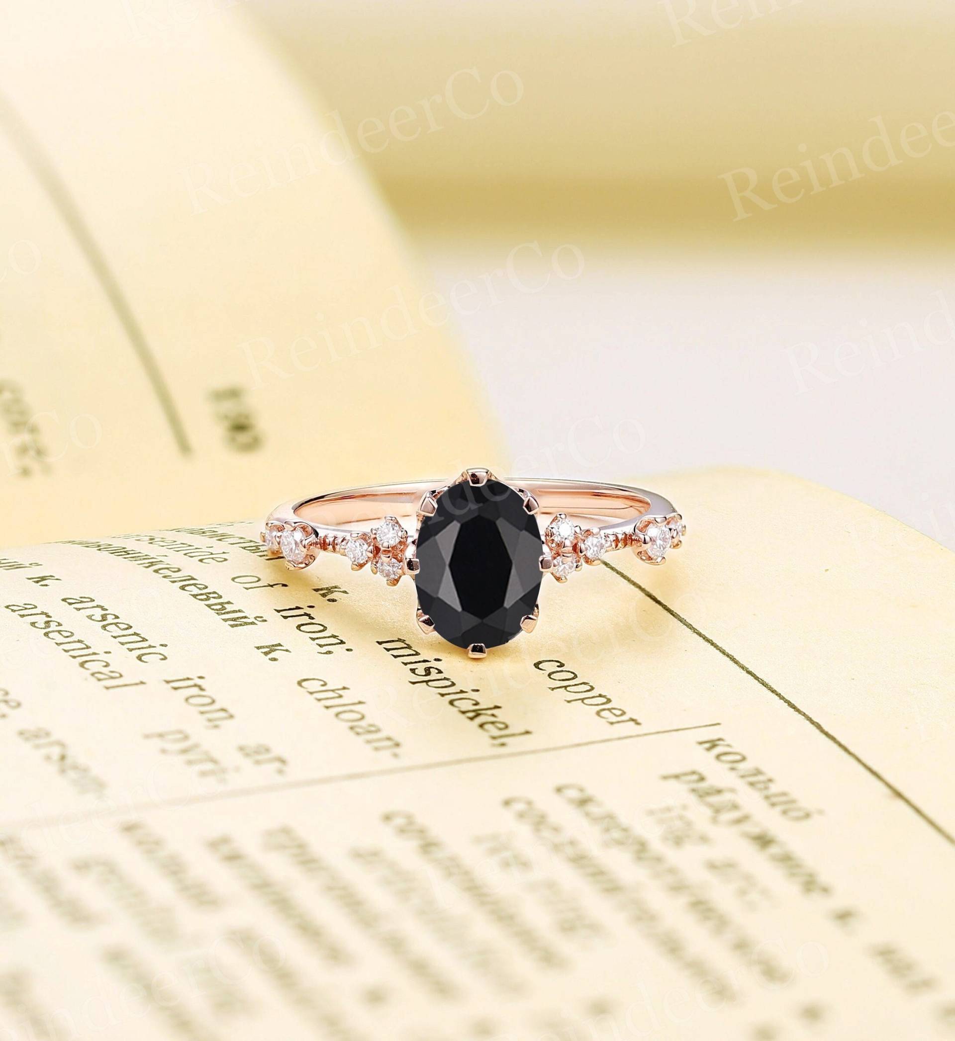 Schwarzer Onyx-Verlobungsring Im Vintage-Ovalschliff| Art-Deco-Jubiläumsring Aus Roségold| Brautring Mit Geätzten Zinken| Einzigartiger von ReindeerHub