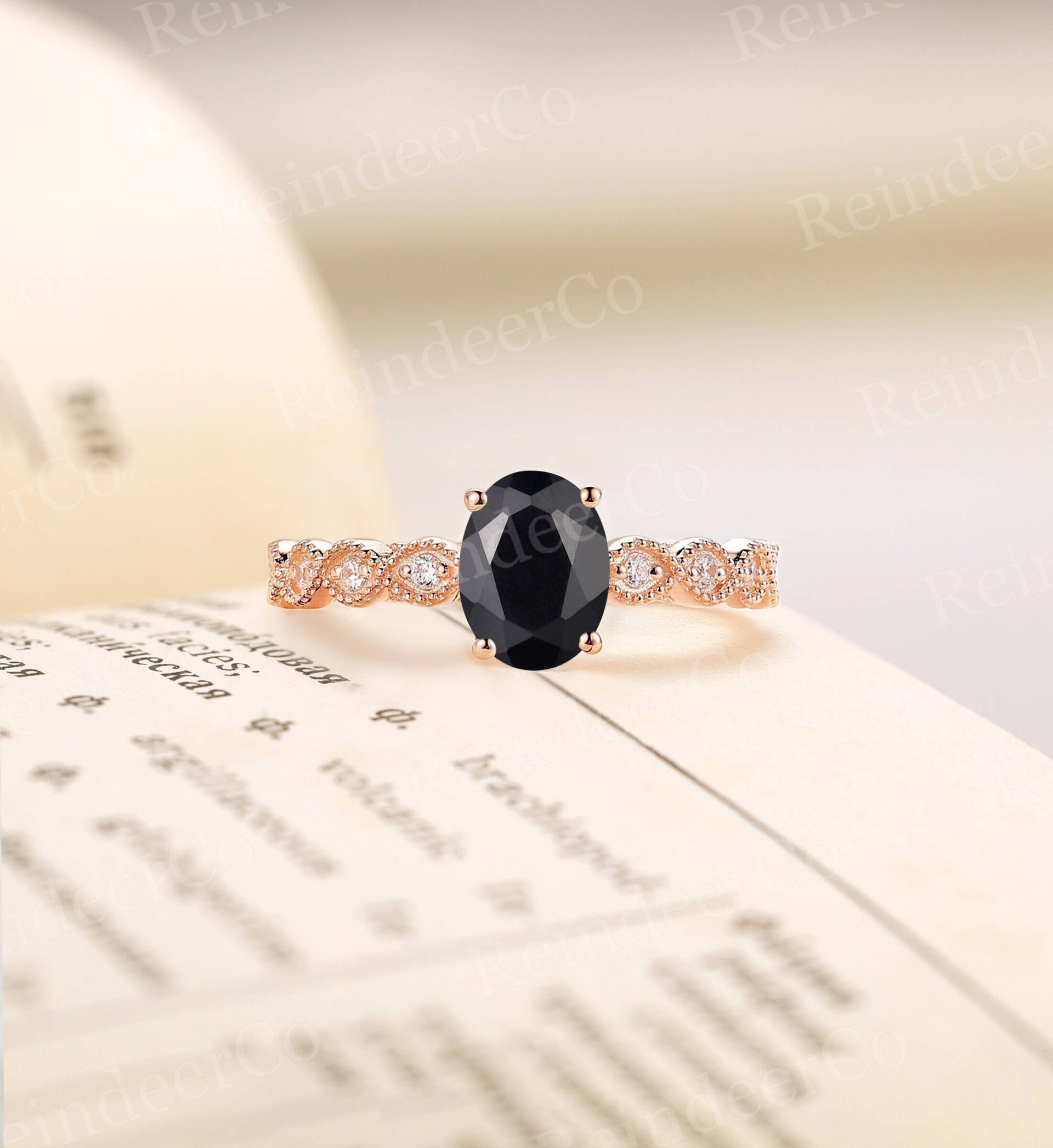 Vintage Ovalschliff Schwarzer Onyx Verlobungsring Art-Deco-Roségoldring Jubiläumsring Einzigartiger Milgrainring Versprechen Ring Brautring von ReindeerHub