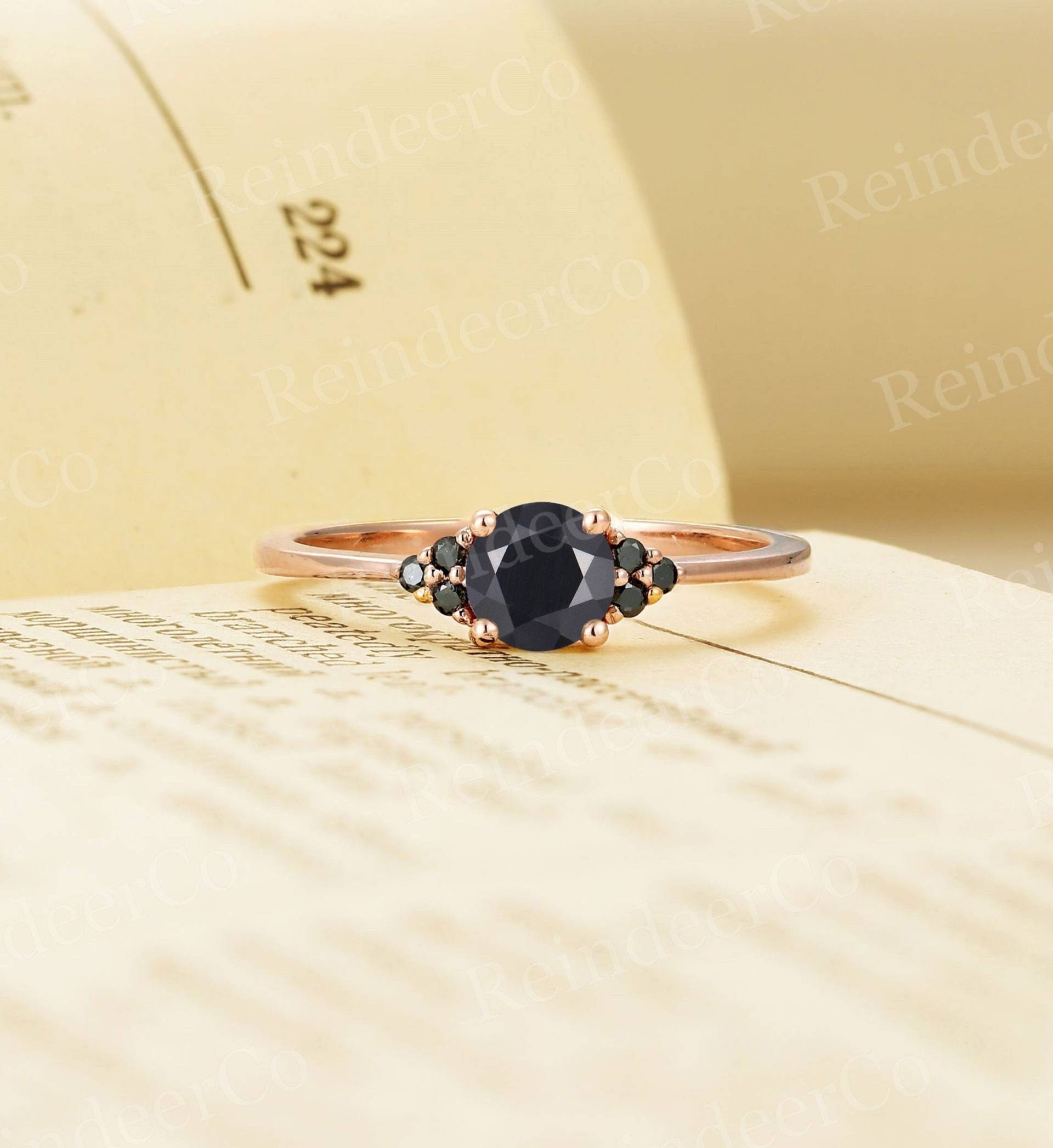 Vintage Rundschliff Schwarzer Onyx Verlobungsring|Schwarzer Diamant Zacken Set Rosegold Ehering|Art Deco Jahrestag Ring|Einzigartiger Versprechenring von ReindeerHub