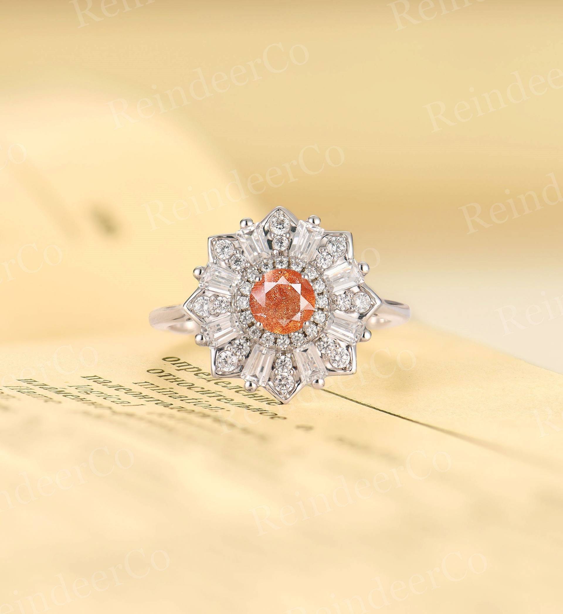 Vintage Sonnenstein Verlobungsring Rundschliff Ehering Art Deco Baguetteschliff Cz Ring Roségoldring Zarter Jahrestagsring von ReindeerHub