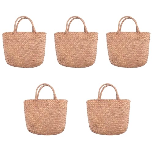 Reinscer 5X Lässige Stroh Sack Natürlicher Wicker Handtasche Frauen Geflochtene Handtasche für Garten Handgefertigte Mini Gewebtes Rattan von Reinscer