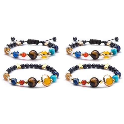 Reinscer Frauen Mädchen Sonnensystem Armband Galaxy der Acht Planeten Wächter Stern Naturstein Perlen Armband Armreif für Männer, 4 Stücke Set von Reinscer
