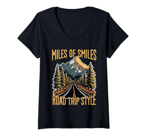 Damen Meilen Voller Lächeln Auf Roadtrip-Art Abenteuerreisen T-Shirt mit V-Ausschnitt Damen Meilen Voller Lächeln Auf Roadtrip-Art Abenteuerreisen T-Shirt mit V-Ausschnitt von Reise Straßentrip Entdecker Sprüche