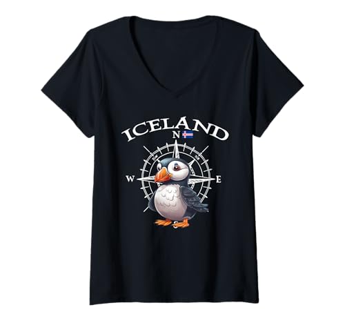 Damen Island Kompass Puffin Cartoon Iceland Reise Souvenir T-Shirt mit V-Ausschnitt von Reiseandenken Island Fans Papageientaucher Liebe