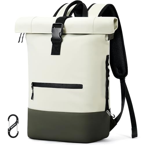 Reiseresa Rolltop Rucksack Damen Herren Wasserdicht Große Laptop Rucksack Reiserucksack mit Multifunktionale Kletterschnalle für Reisen, Arbeit, Uni Schule (Beige mit Grün) von Reiseresa