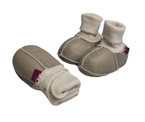 Reissner Lammfelle Lammfell Baby Booties und Fäustlinge Modell Colmar jeweils mit Strickbündchen und Ziernaht im günstigen Set. BABY-BOOTIE-SET-BEI-16/17, Farbe beige, Schuhgröße 16/17 von Reissner Lammfelle