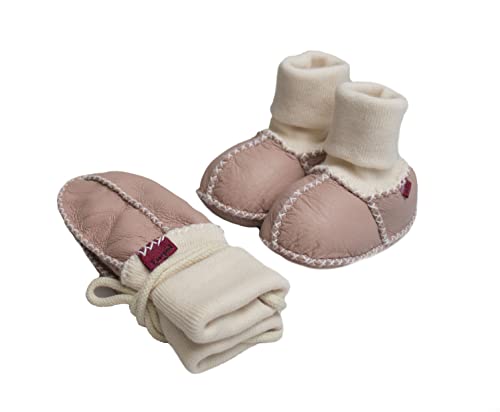 Reissner Lammfelle Lammfell Baby Booties und Fäustlinge Modell COLMAR jeweils mit Strickbündchen und Ziernaht im günstigen Set. BABY-BOOTIE-SET-ROS-16/17, Farbe rosa, Schuhgröße 16/17 von Reissner Lammfelle