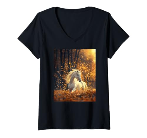 Damen Pferd Herbst Blätter Pferde Mädchen T-Shirt mit V-Ausschnitt Damen Pferd Herbst Blätter Pferde Mädchen T-Shirt mit V-Ausschnitt von Reiten Pferdefan Pferdeliebhaber Pferdemotiv