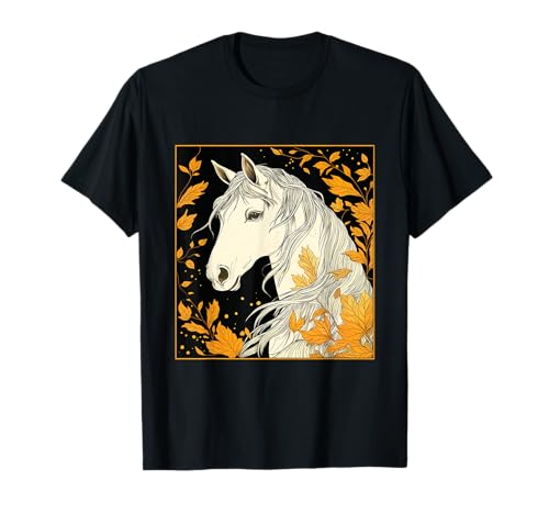 Pferd Herbst Blätter Pferde Mädchen T-Shirt von Reiten Pferdefan Pferdeliebhaber Pferdemotiv