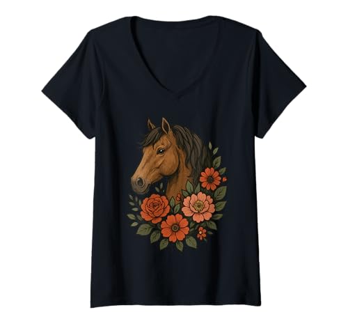 Damen Pferd Blumen Reiter Natur T-Shirt mit V-Ausschnitt Damen Pferd Blumen Reiter Natur T-Shirt mit V-Ausschnitt von Reiten Reiter Natur