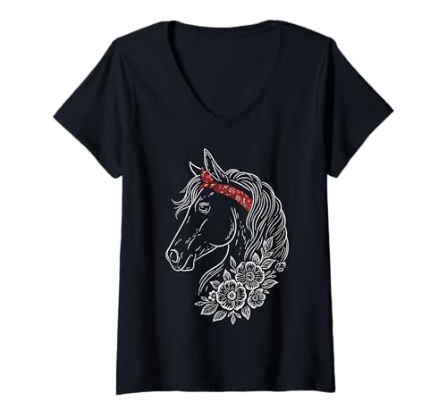 Damen Pferd Rotes Bandana Reiten T-Shirt mit V-Ausschnitt Damen Pferd Rotes Bandana Reiten T-Shirt mit V-Ausschnitt von Reiten Reiter Natur