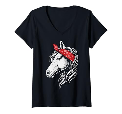 Damen Pferd Rotes Bandana Reiten T-Shirt mit V-Ausschnitt Damen Pferd Rotes Bandana Reiten T-Shirt mit V-Ausschnitt von Reiten Reiter Natur