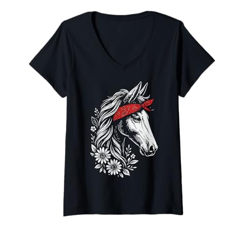 Damen Pferd Rotes Bandana Reiten T-Shirt mit V-Ausschnitt Damen Pferd Rotes Bandana Reiten T-Shirt mit V-Ausschnitt von Reiten Reiter Natur