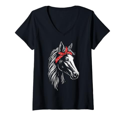 Damen Pferd Rotes Bandana Reiten T-Shirt mit V-Ausschnitt Damen Pferd Rotes Bandana Reiten T-Shirt mit V-Ausschnitt von Reiten Reiter Natur