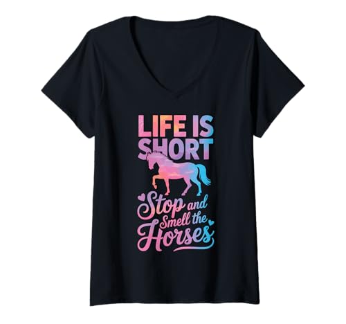 Damen Life is Short Stop and Smell The Horses T-Shirt mit V-Ausschnitt Damen Life is Short Stop and Smell The Horses T-Shirt mit V-Ausschnitt von Reiten Reitsport Pferd