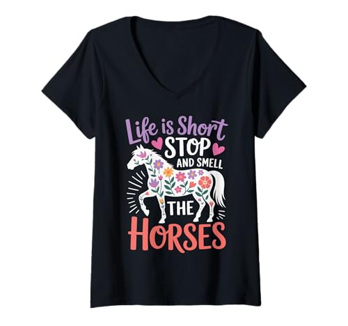 Damen Life is Short Stop and Smell The Horses T-Shirt mit V-Ausschnitt Damen Life is Short Stop and Smell The Horses T-Shirt mit V-Ausschnitt von Reiten Reitsport Pferd