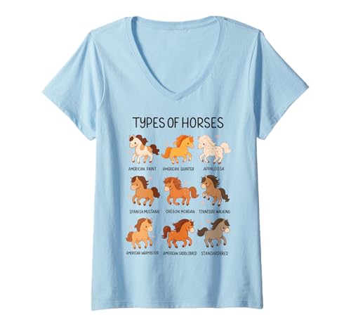 Damen Types of Horses Horse Breed T-Shirt mit V-Ausschnitt von Reiterin Pferdeliebhaberin Reiten Mädchen