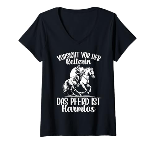 Damen Vorsicht Vor Der Reiterin Das Pferd Ist Harmlos Reiten Pferd T-Shirt mit V-Ausschnitt von Reitsport Reiter Pferdesport Enthusiasten Frauen