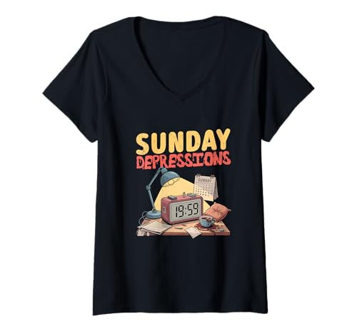 Damen Sonntagsdepressionen Lustiges Wochenende Meme Liebhaber T-Shirt mit V-Ausschnitt Damen Sonntagsdepressionen Lustiges Wochenende Meme Liebhaber T-Shirt mit V-Ausschnitt von Relatable Humor Fans Sonntag Wochenende Grafik
