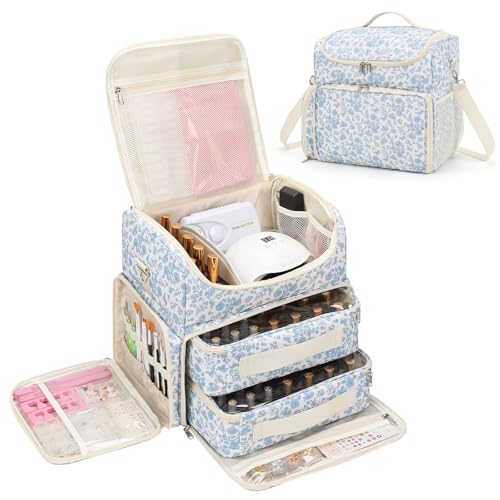 Extra großer Nagellack-Organizer für 86 bis 100+ Flaschen Nagellack und Nagellampe, Aufbewahrungstasche für Nagelzubehör, Aufbewahrungstasche mit 2 abnehmbaren Taschen, Nail Tech Reisebox (Blumenblau von Relavel