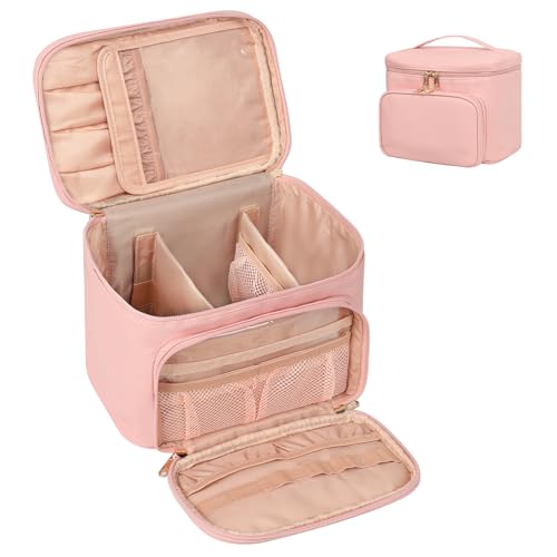 Große Make-up Tasche, Tragbare Reise Make-up Tasche für Frauen Mädchen mit Make-up Pinsel Fach, Stilvolle Make-up Tasche Veranstalter Kosmetik Fall mit Griff und Teiler für Schwarz (rosa) von Relavel