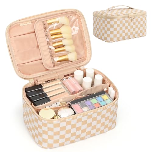 Make-up-Tasche, Tragbare Kosmetische Tasche, Reise-Make-up-Fall-Organisator der großen Kapazität, Schwarz für Frauen-Toilettentasche für Mädchen, die mit Griff und Teiler Reisen (A-Schachbrett Khaki) von Relavel