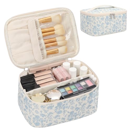 Make-up-Tasche, Tragbare Kosmetische Tasche, Reise-Make-up-Fall-Organisator der großen Kapazität, Schwarz für Frauen-Toilettentasche für Mädchen, die mit Griff und Teiler Reisen (A-blauer blumendruck) von Relavel