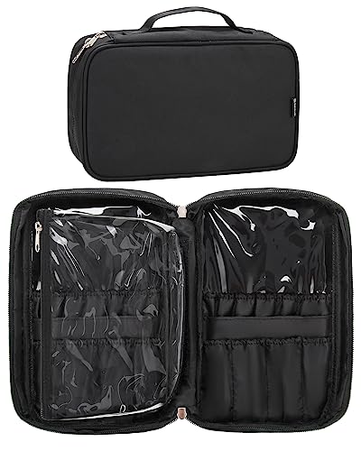 Relavel Make-up-Pinsel-Rollkoffer, Make-up-Pinsel-Tasche, Organizer, Reise-Kosmetikpinsel, schwarzes Lederetui mit kleiner, transparenter Tasche, Schwarz mit abnehmbaren, transparenten Beuteln, X von Relavel