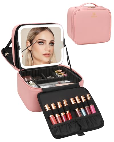 Relavel Make-up-Tasche mit LED-Spiegel, Reise-Make-up-Tasche mit wiederaufladbarem beleuchtetem Spiegel, 3 Farblichter, zweilagiger Kosmetik-Box, Make-up-Pinsel, Lippenstift-Halter, Organizer für von Relavel