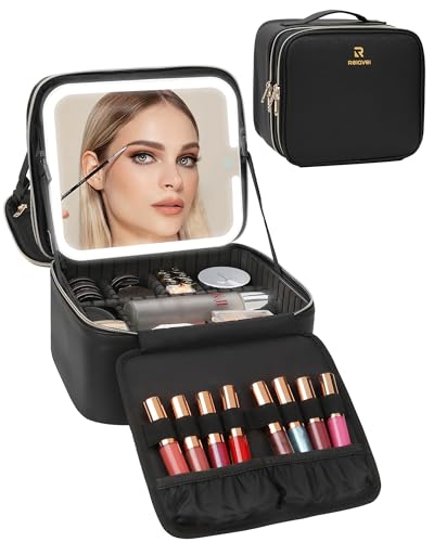 Relavel Make-up-Tasche mit LED-Spiegel, Reise-Make-up-Tasche mit wiederaufladbarem beleuchtetem Spiegel, 3 Farblichter, zweilagiger Kosmetik-Box, Make-up-Pinsel, Lippenstift-Halter, Organizer für von Relavel