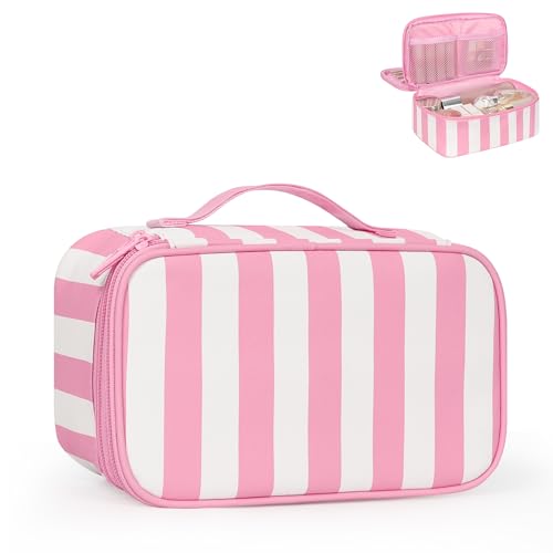 Relavel Reise-Make-up-Tasche, kleine florale Kosmetiktasche mit Make-up-Pinselfach, tragbare Make-up-Tasche für Damen, doppellagig, Make-up-Tasche, niedlicher Kulturbeutel, breiter Streifen von Relavel