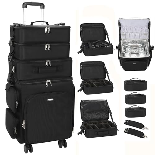 Relavel Roll-Make-up-Koffer, 4-in-1-Kosmetikkoffer auf Rädern, professionelle Make-up-Künstlertasche, großer Kosmetik-Organizer, Reisekoffer, Trolley, Koffer mit 360° drehbaren Rädern, verstellbare von Relavel