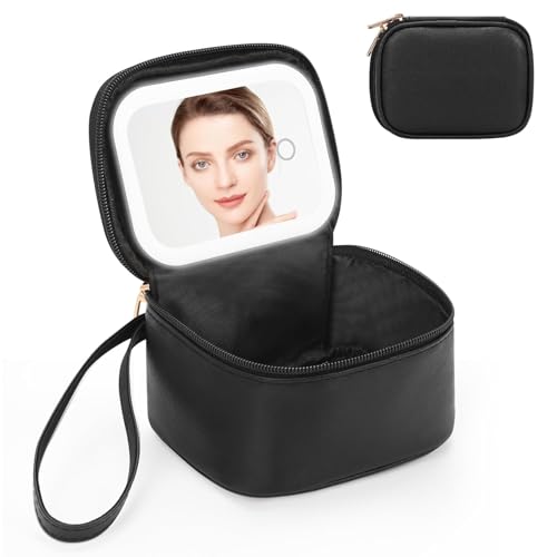 Relavel Tragbare Mini-Make-up-Tasche mit LED-Spiegel für Mädchen, 01-Schwarz, 1-Mini, Tragbare Reise-Make-up-Tasche von Relavel
