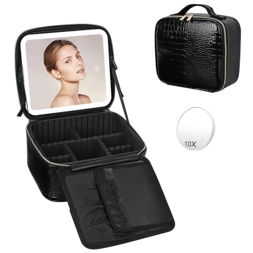 Relavel Travel Makeup Bag with LED Mirror, Cosmetic Bag Organizer Bag Makeup Case with Lighted Mirror 3 Color Lights, Portable Waterproof Makeup Box with 10X Magnifying Mirror, Crocodile Pattern von Relavel