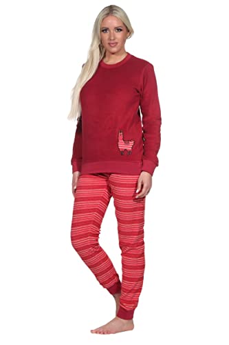 Damen Frottee Pyjama mit Rundhals, Uni Oberteil, Alpaka, Hose in Ringel-Optik, Rot, 67261. Gr. L 44/46 von Relax