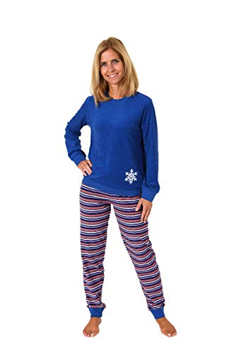 Damen Frottee Pyjama mit Rundhals, Uni Oberteil, Flocke, Ringel Hose, Blau, 59895, Gr. M 40/42 von Relax