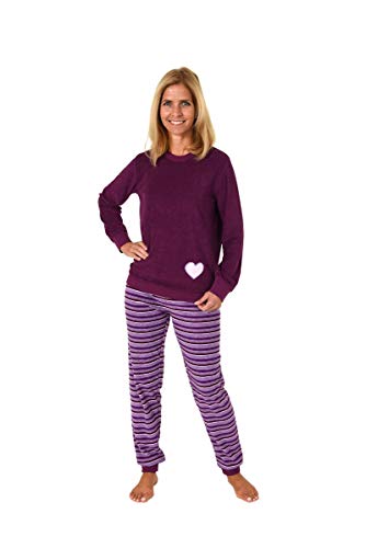 Damen Frottee Pyjama mit Rundhals, Uni Oberteil, Herz, Ringel Hose, Beere, 59897, Gr. M 40/42 von Relax