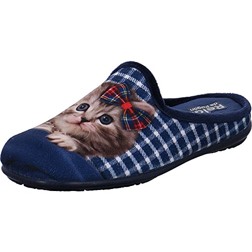 Relax Damen Hausschuh Pantolette aus Textil in Blau mit Katze mit Schleife. blau Gr. 41 von Relax