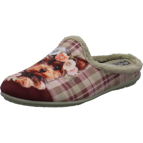 Relax Hausschuh für Damen mit Hund mit Blütenkranz als Print in Grün mit Burgundy Rot. grün Gr. 35 von Relax