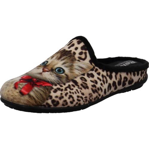 Relax Hausschuh für Damen mit Stubentiger, Katze als Print und Leo Animal Muster. Braun Leo Gr. 40 von Relax