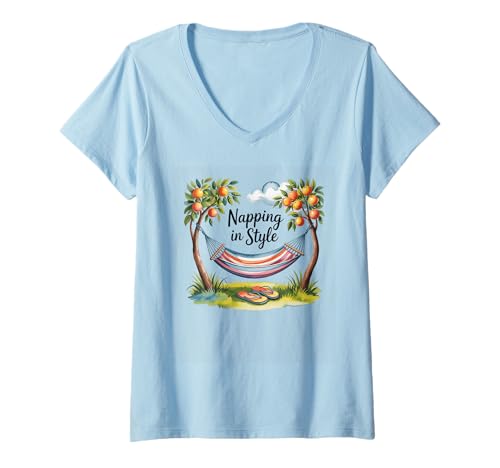 Damen Napping In Style Hängematte Flip Flops Bild T-Shirt mit V-Ausschnitt Damen Napping In Style Hängematte Flip Flops Bild T-Shirt mit V-Ausschnitt von Relaxation Hammock Orange Trees Summer