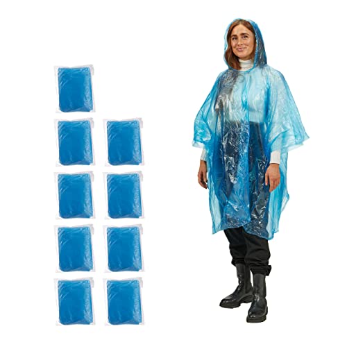 10 x Regenponcho, Regenumhang mit Kapuze, Einweg Regencape für Erwachsene, Unisex Regenschutz, PE, blau von Relaxdays